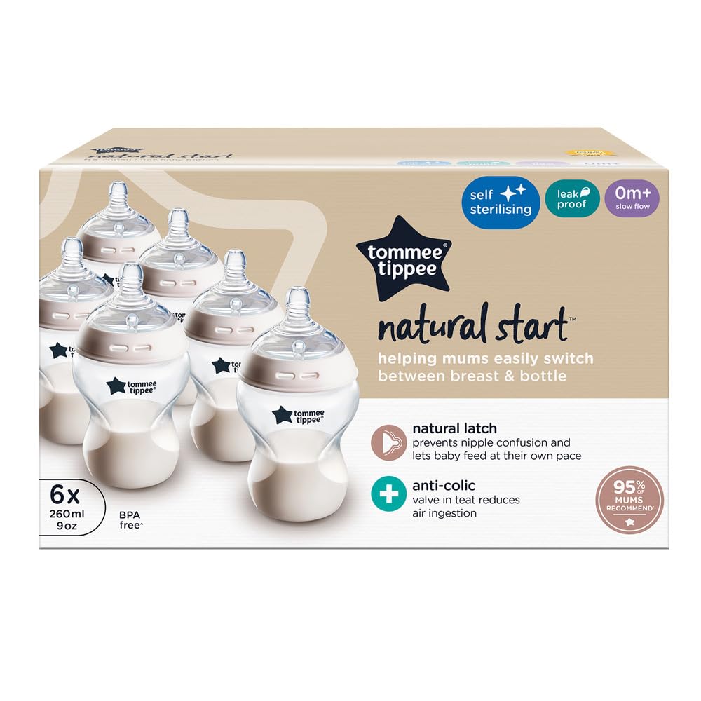 Tommee Tippee Natural Start Baby Bottles for 0m+, Pack of 6 260ml Baby Bottles, with Slow Flow Breast-Like Teat for a Natural Latch, Self-Sterilising and BPA Free, Baby Feeding Essentials