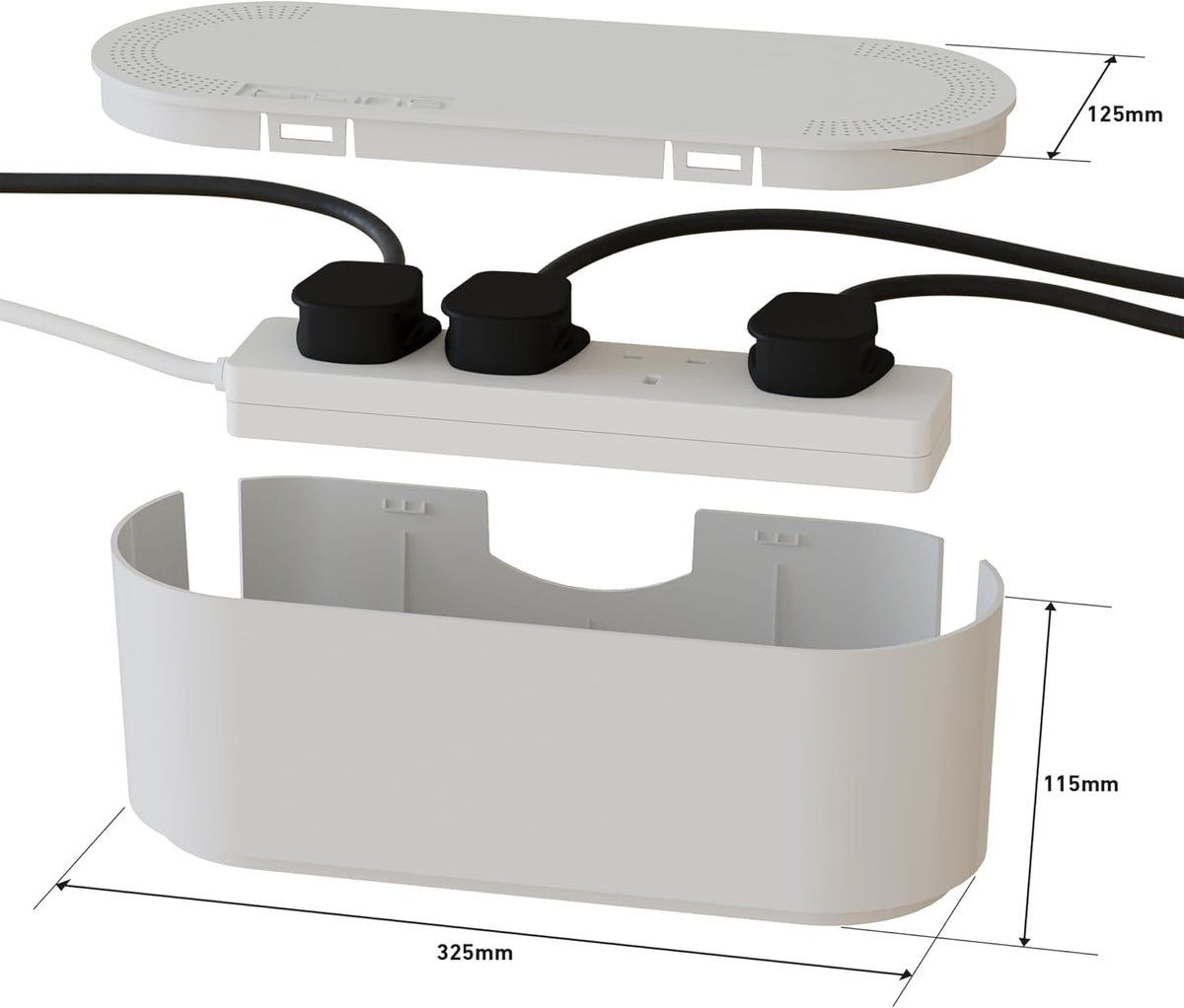 D-Line Cable Tidy Box, Hide & Conceal Extension Blocks, Desk Cable Management Solution, TV Wire Tidy, Made from Electrically Safe ABS Material - 325mm (L) x 125mm (W) 115mm (H) - Small, White