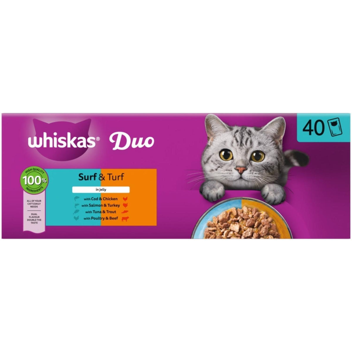 WHISKAS DUO Adult Wet Cat Food in Jelly 12x85g Surf & Turf (Pack of 4)