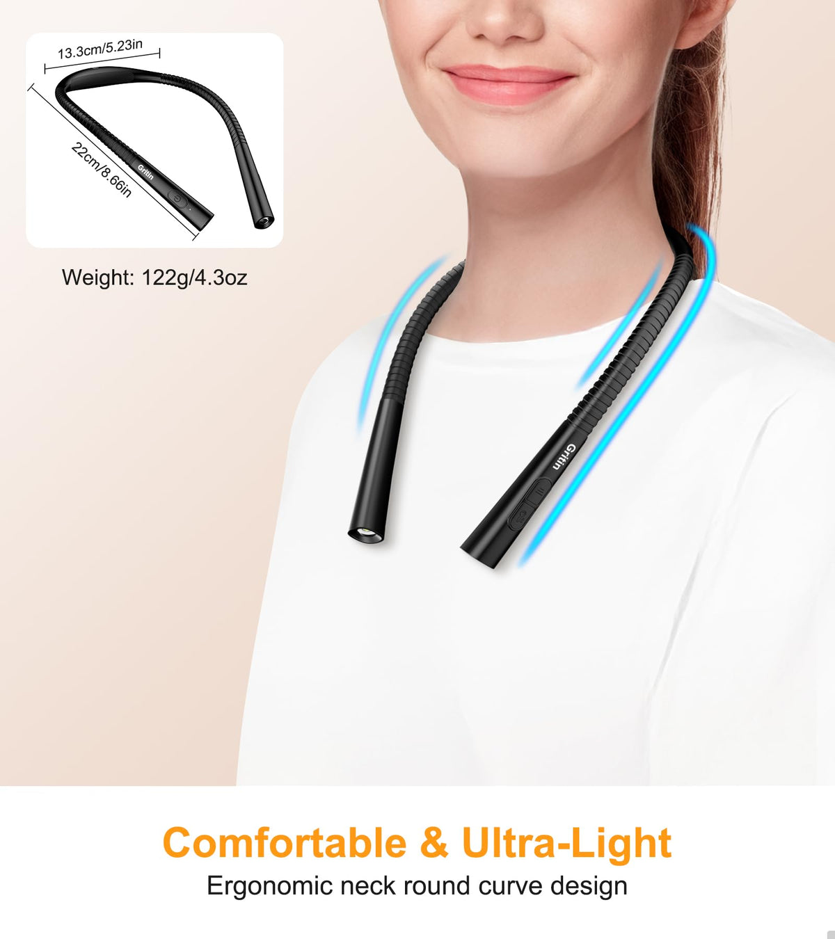 Gritin Book Light, Eye Caring 4-Color&5-Brightness Neck Light Reading Lamp
