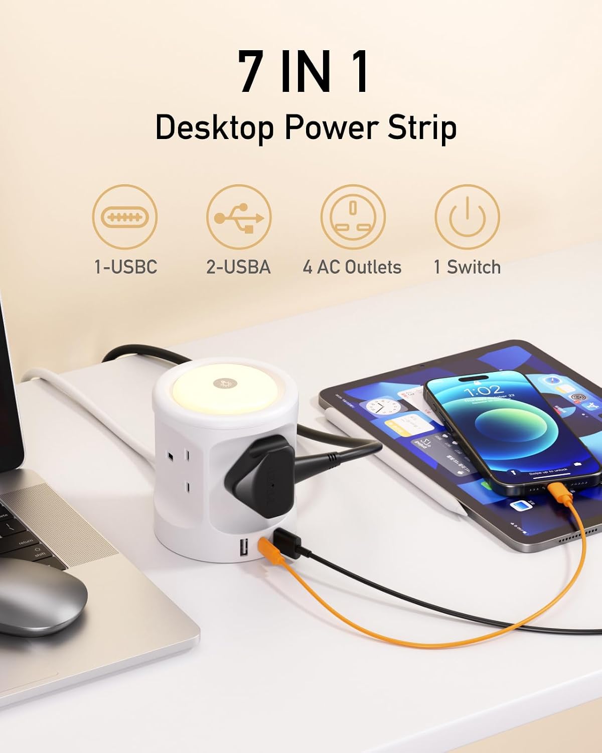 Extension Lead with USB Slots and Night Light, 4 Way (13A/3250W) Multi Plug Extension Cords & 3 USB Ports, Surge Protected Extension Lead with Switches, 2M Extension Cable for Home Dorm Office
