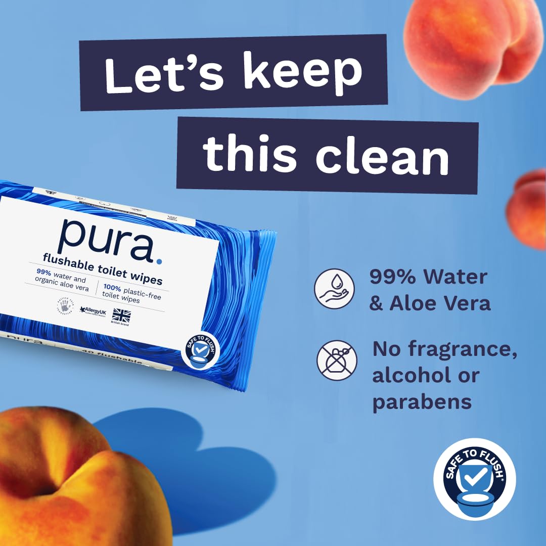 Pura Flushable Moist Toilet Tissue Wipes, 1 Pack of 40 Wet Wipes, 100% Plastic Free, 99% Water Clean Washlets, Certified ‘Fine to Flush’ Biodegradable, Compostable, Vegan, Gentle Clean