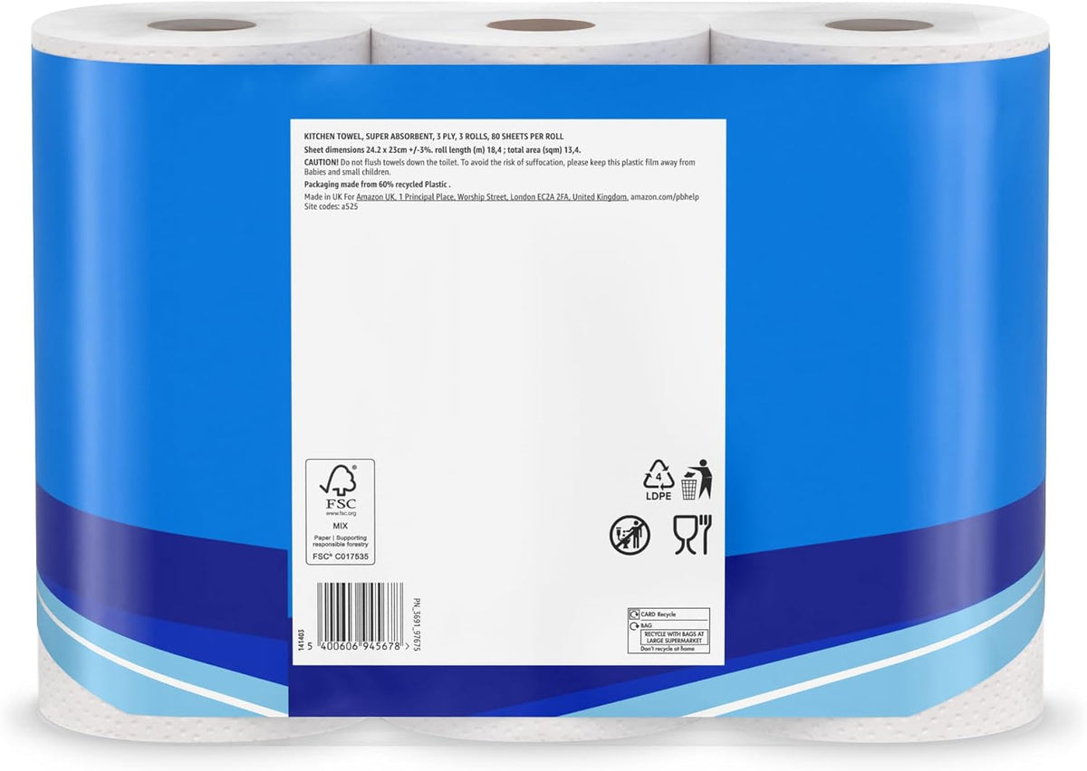 by Amazon Super Absorbent Kitchen Towel, 3-ply, 3 Rolls (1 Pack of 3), 80 Sheets per Roll