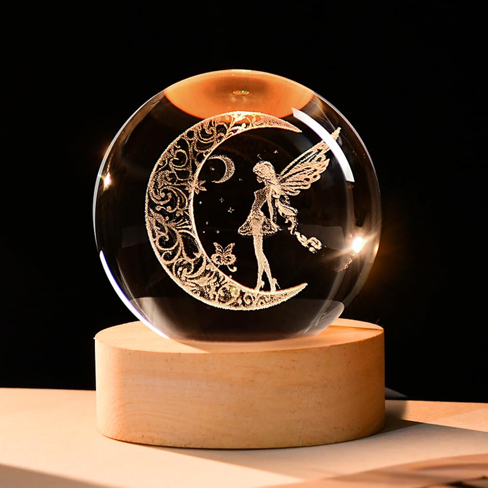 3D Fairy Crystal Ball 60mm Glass Fairy with Flower Night Light Gifts for Girl Women with Light Base