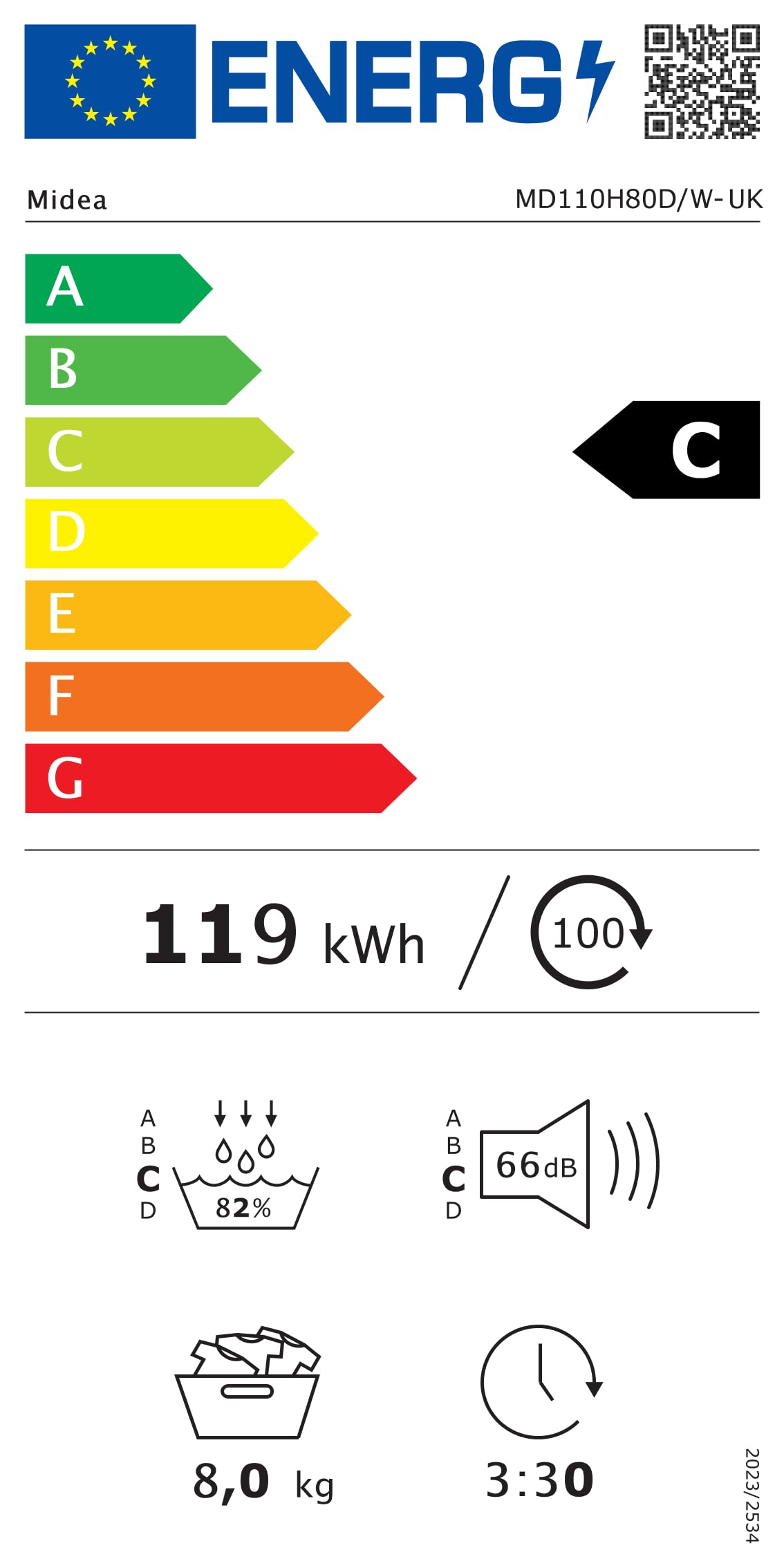 Midea 10kg Washing Machine A-10% Energy Class 1400rpm BLDC Motor Slim White