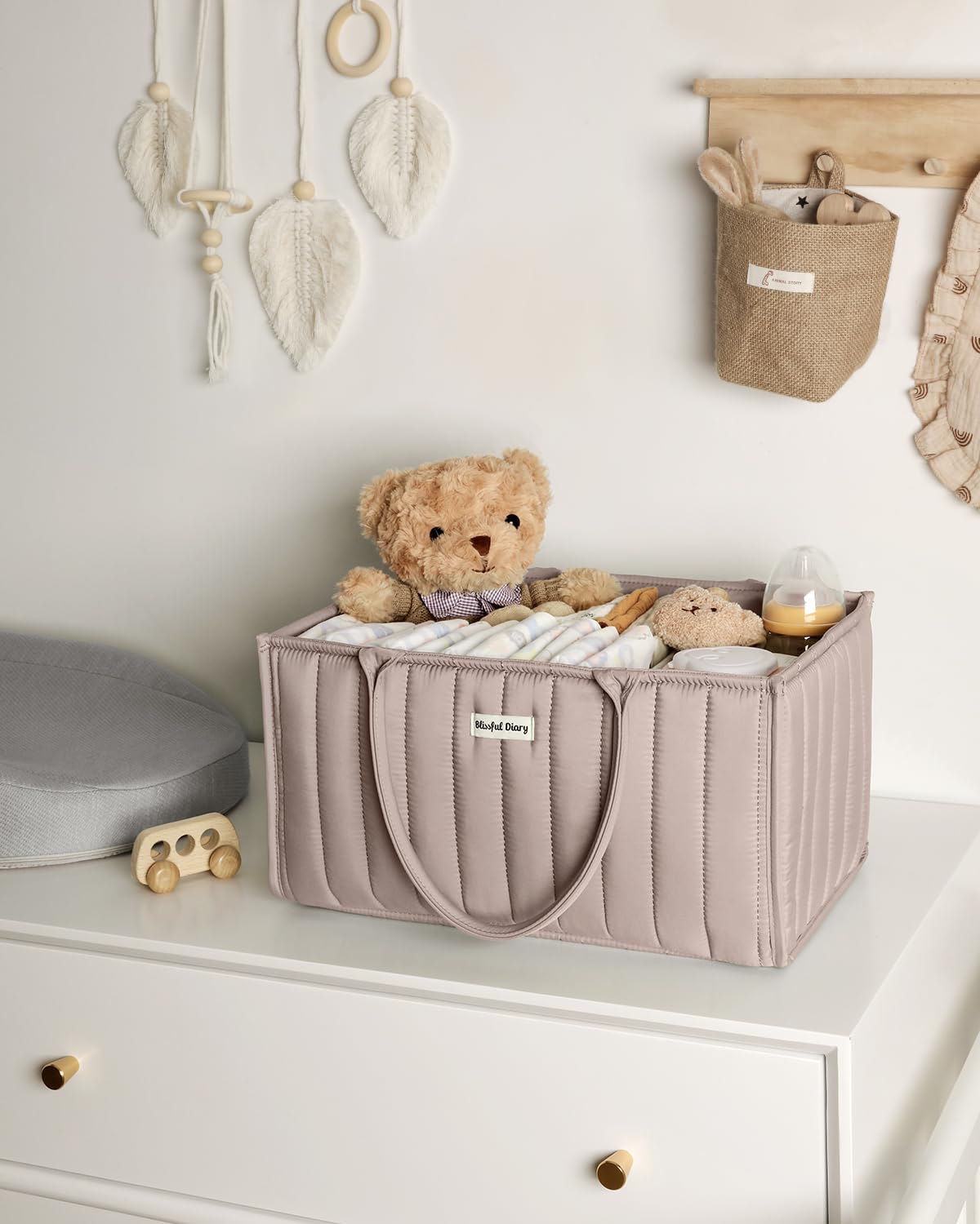 Blissful Diary Nappy Caddy Organiser, Baby Diaper Caddy for Nappy Station, Stylish Storage Basket for Newborn Essentials, Baby Shower Gifts for Girl or Boy, Woodland Cream