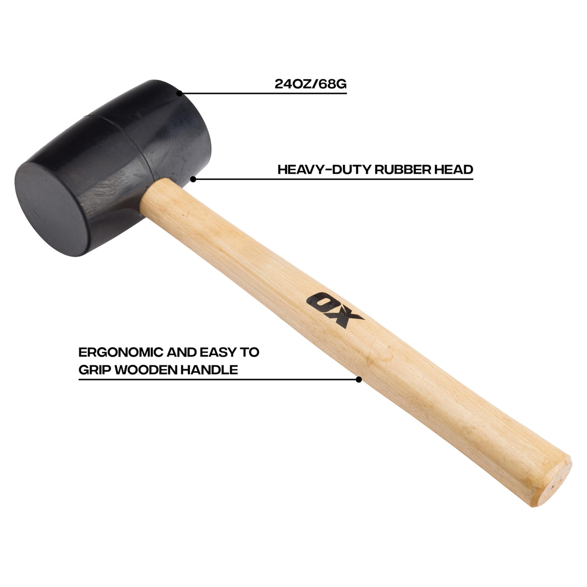 OX Trade Black Rubber Mallet 16oz / 450g, Non-Marking Hammer, Wooden Handle