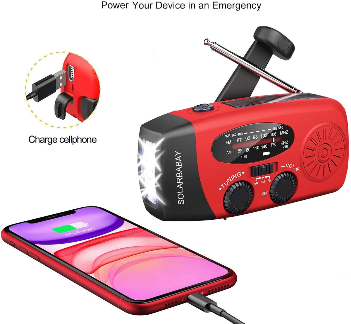 SOLARBABY Wind Up Solar Radio, Emergency Hand Crank Self Powered AM/FM Survival Solar Weather Radio with LED Flashlight,SOS Alarm,2000mAh Emergency Power Bank for Smart Phone (M-Orange)