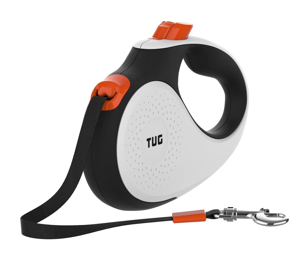 TUG 360° Tangle-Free Retractable Dog Lead for Up to 25 kg Dogs | 5 m Strong Nylon Tape | One-Handed Brake, Pause, Lock (Medium, White/Orange)