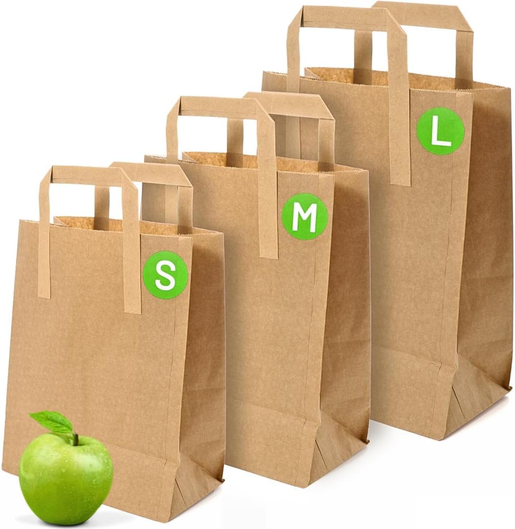 Brown Paper Bags with Handles - Small 8 x 7 x 3.5", 250 Pack, 80gsm Kraft Material, Takeaway Lunch Grocery Shopping Gift Party