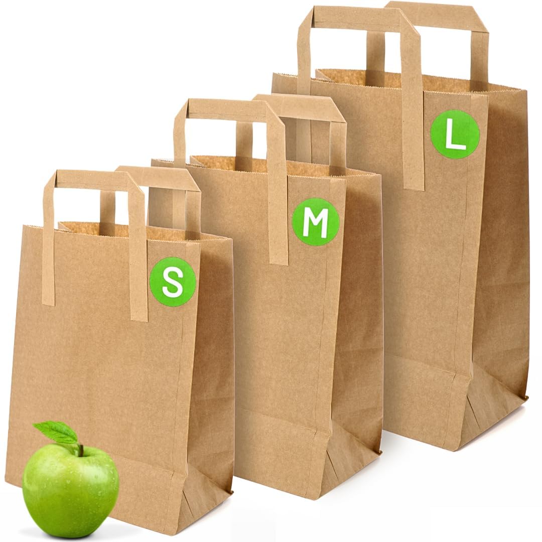 Brown Paper Bags with Handles - Small 8 x 7 x 3.5", 250 Pack, 80gsm Kraft Material, Takeaway Lunch Grocery Shopping Gift Party