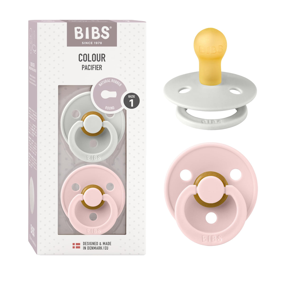 BIBS Colour Soother 2-Pack, BPA Free Dummy Pacifier, Round Nipple. Natural Rubber Latex, Made in Denmark, Size 2 (6-18 Months), Baby Blue