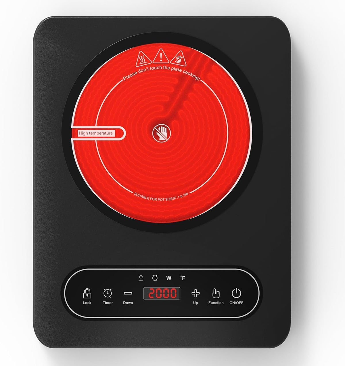 VBGK Portable Ceramic Hob, 2000W Portable Electric Hob, Electric Ceramic Hob, Single Cooking Zone with LED Display, 4-Hours Timer, Safety Lock, Residual Heat Indicator