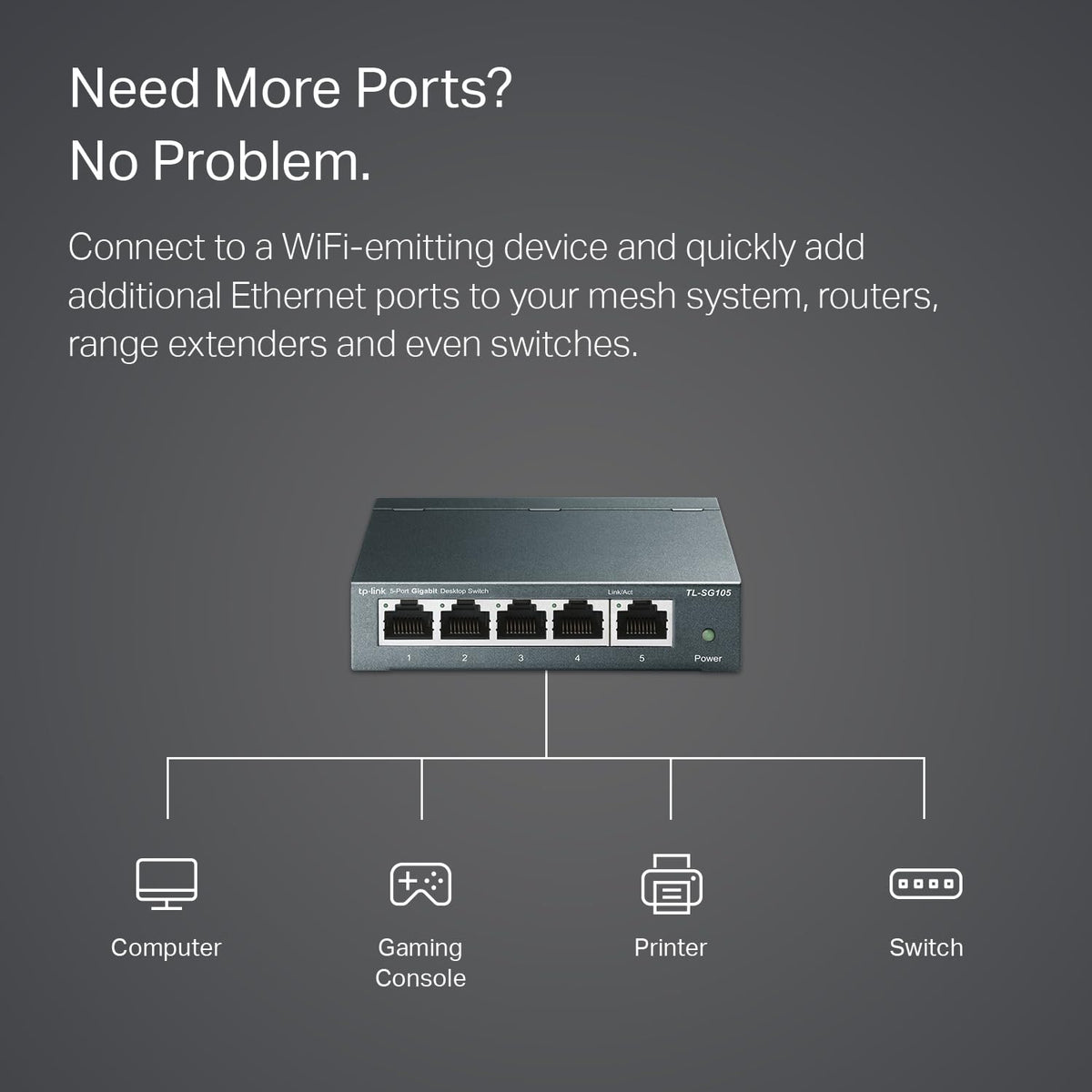 TP-Link TL-SG105S, 5 Port Gigabit Ethernet Network Switch, Ethernet Splitter, Hub, Desktop and Wall-Mounting, Sturdy Metal, Fanless, Plug and Play, Energy-Saving