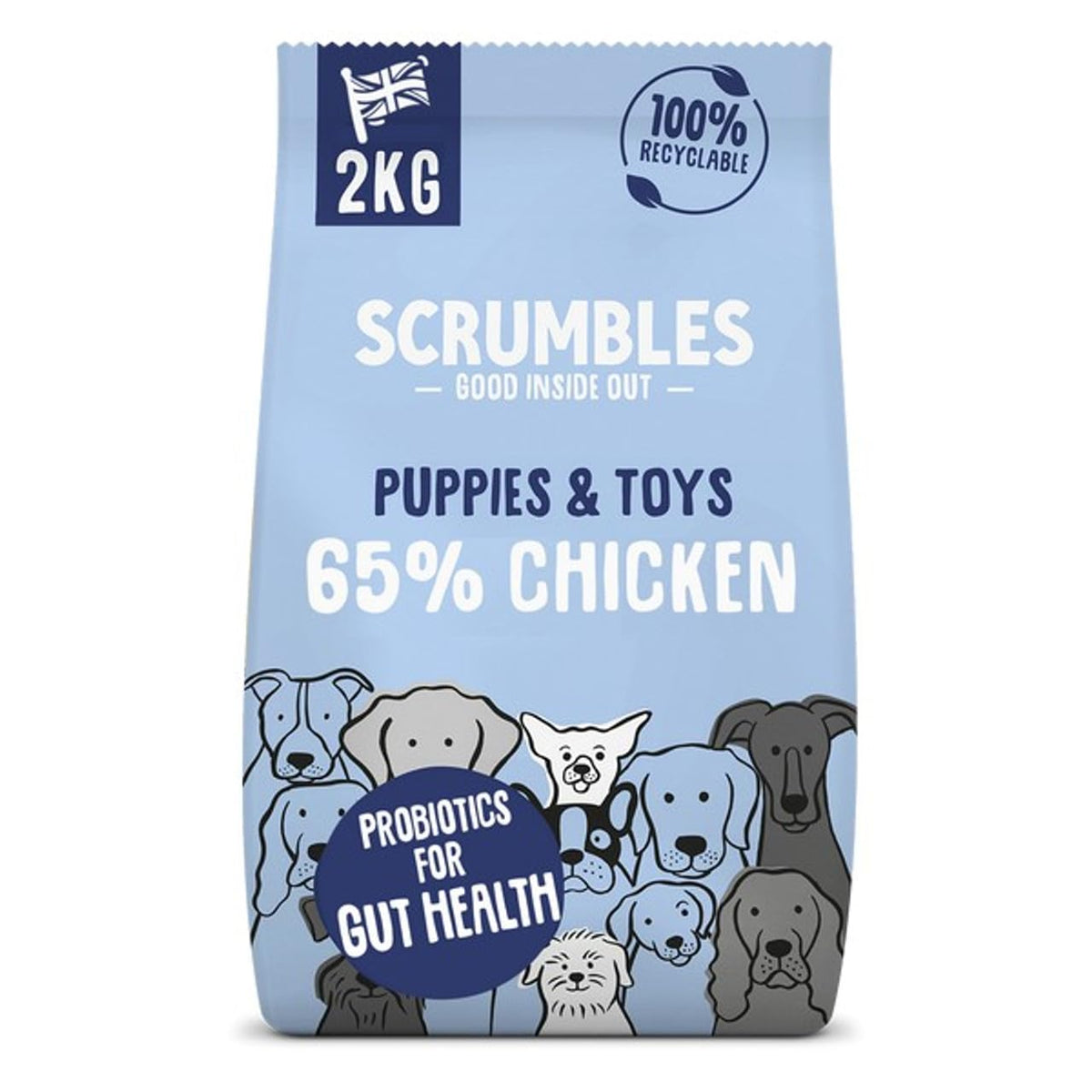 Scrumbles • Dry Dog Food • Hypoallergenic • All Lifestages • Chicken 60% • 2kg Bag • Natural Complete Adult Recipe • Gut Friendly Prebiotics & Probiotics • Gluten Free
