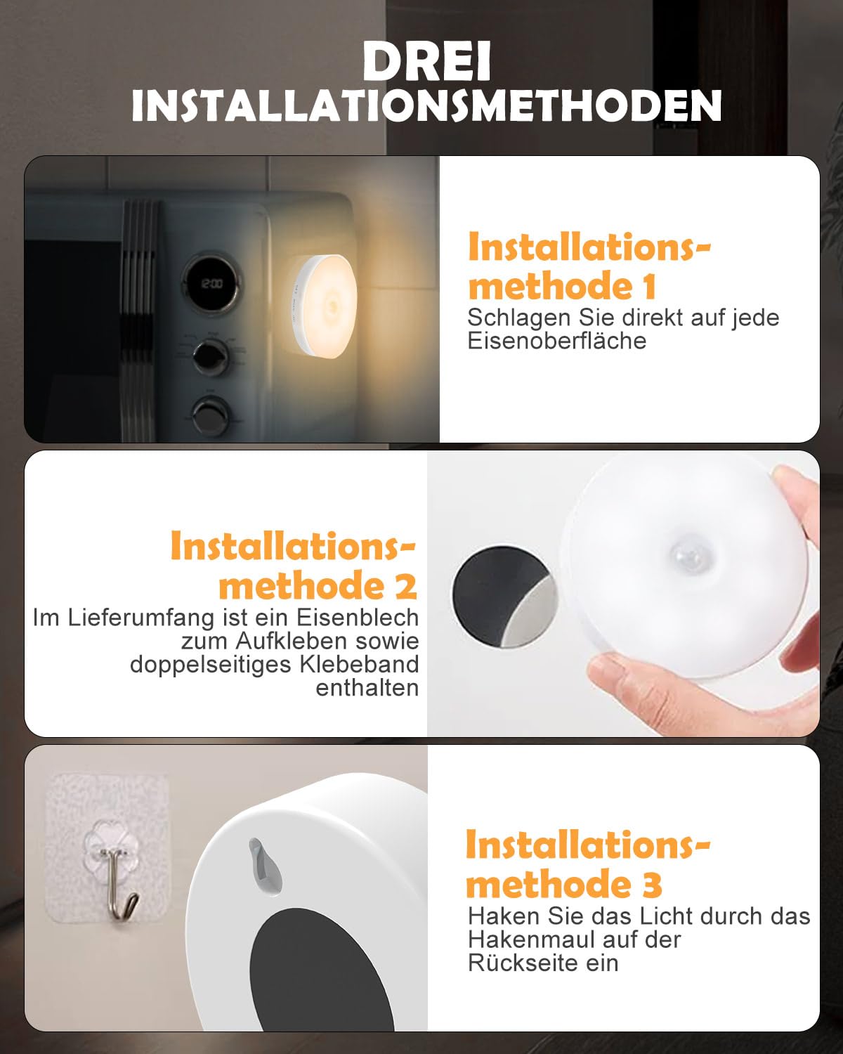 Motion Sensor Lights Indoor, 6 Pack Cupboard Lights, Stair Lights Night Lights, 3 Modes USB Charging Wall Lights, Magnetic Sensor Lights Indoors for Kitchen Stair Closet Under Cabinet