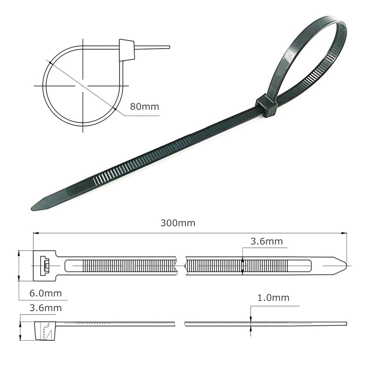 BEEWAY Cable Ties Black - 120 Pack 3.6mm Zip Ties, Tie Wraps for Home, Office, Garden, Assorted in Sizes 100mm, 150mm, 200mm, 300mm (30pcs/Size)