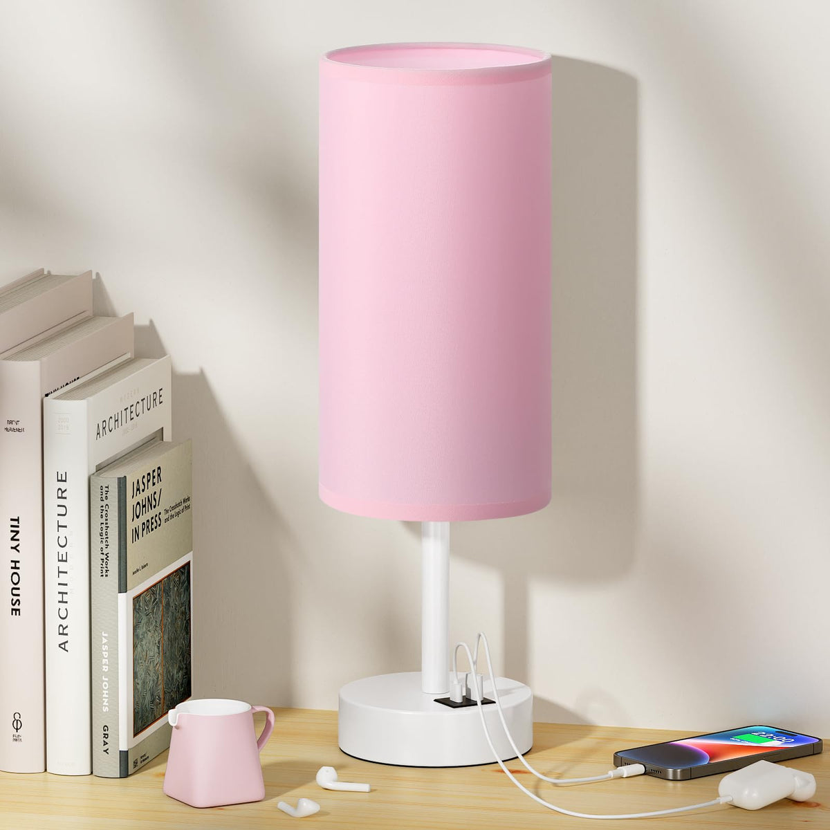 Aooshine Grey Table Lamp, 3-Way Dimmable, USB A + C Charging