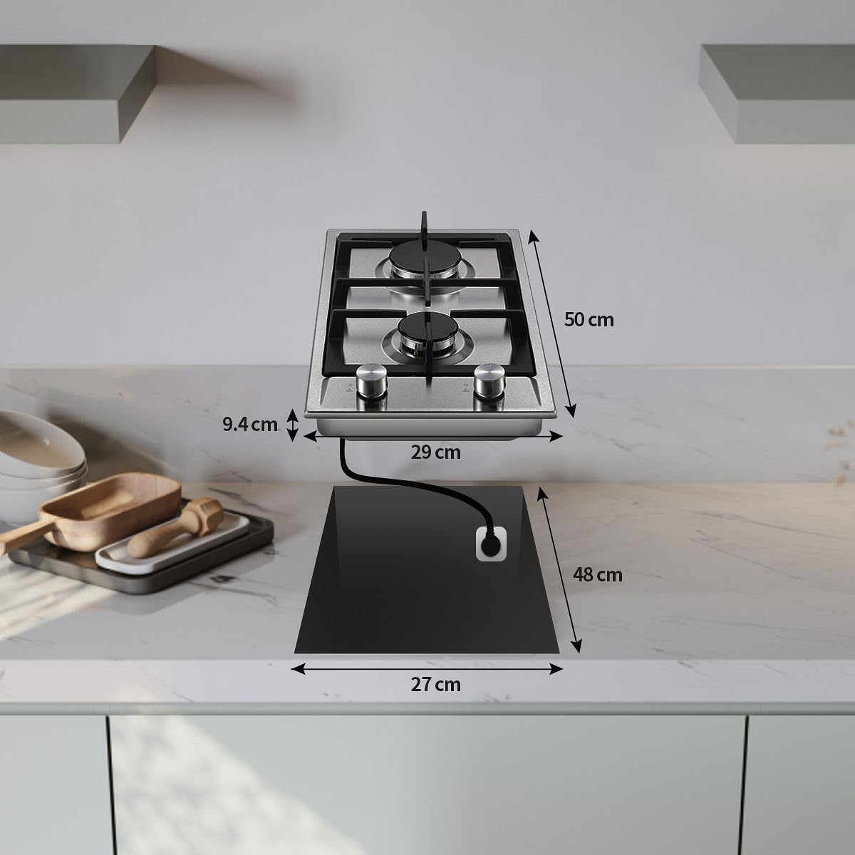 SNDOAS Gas Hob 4 Burners, NG/LPG Convertible, Built-in Black Glass Gas Hob with Wok Burner, Flame Failure Protection, 8000W, YYUKGCT-B04