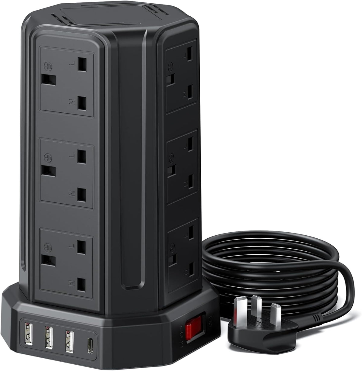Tower Extension Lead 3M, Extension Cable with USB Ports