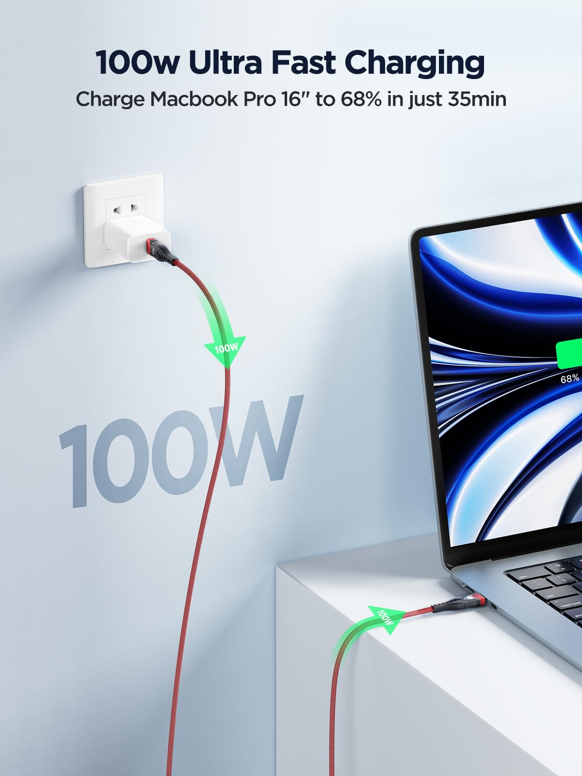 USB-C to C 1M 100W PD3.0 Fast Charging Cable - Compatible with MacBook Pro, iPad Air, iPhone 15, Samsung S23/S22/S21 Ultra, Pixel 7/6, Switch, PS5