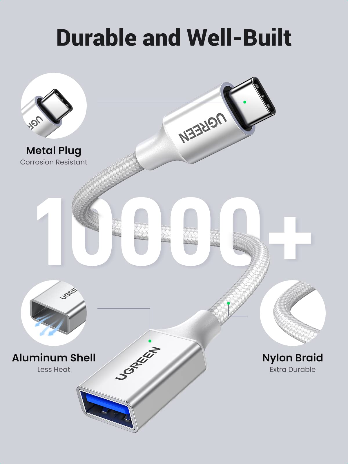 UGREEN 10Gbps USB C to USB Adaptor for iPhone, iPad, MacBook, Galaxy Grey