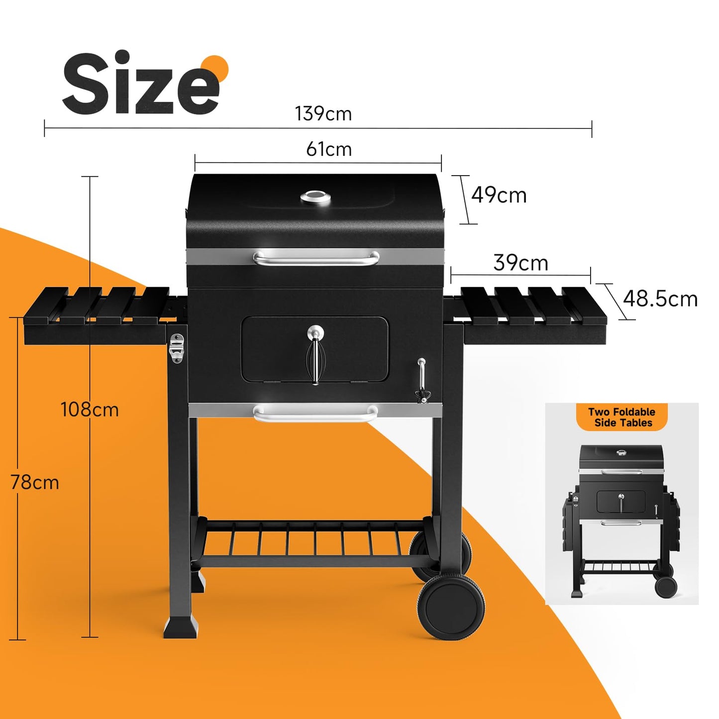 XXXL Smoker Charcoal BBQ, Portable Barbecue Grill with Wheel & 2 Folding Table, Thermometer & Adjustable Charcoal Pan, Large Outdoor BBQ Grill Smoker for Patio Home Garden Cooking