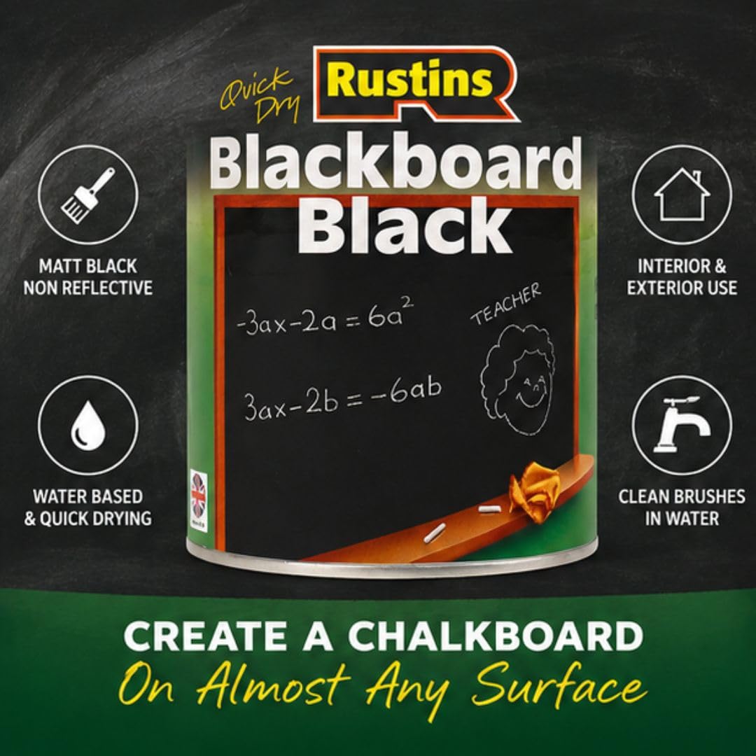 Rustins Blackboard Black Paint 250ml– Quick Dry Matt Black Chalkboard Paint, Durable Writing Surface for Home, School & Office