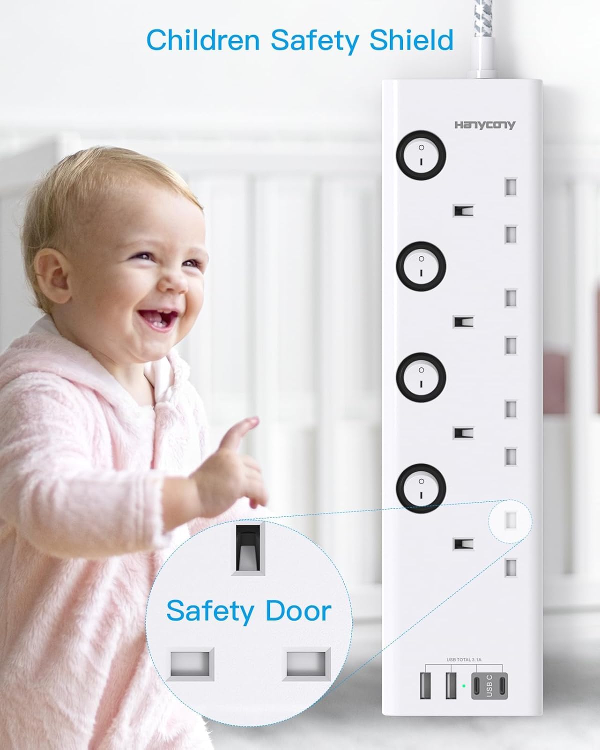 Extension Lead with USB Slots(2 USB C), 4 Way Plug Extension Socket, 1.8M