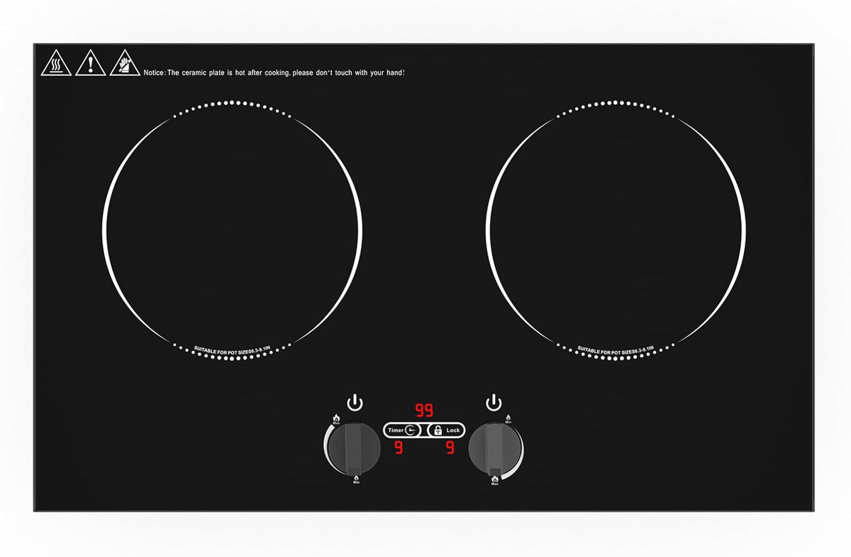 VBGK Double Induction Hob,220V 3600W 2 Ring Induction Hob with Knob Control,9 Power Levels, Kids Lock & Timer,LED Touch Control,Overheat Protection