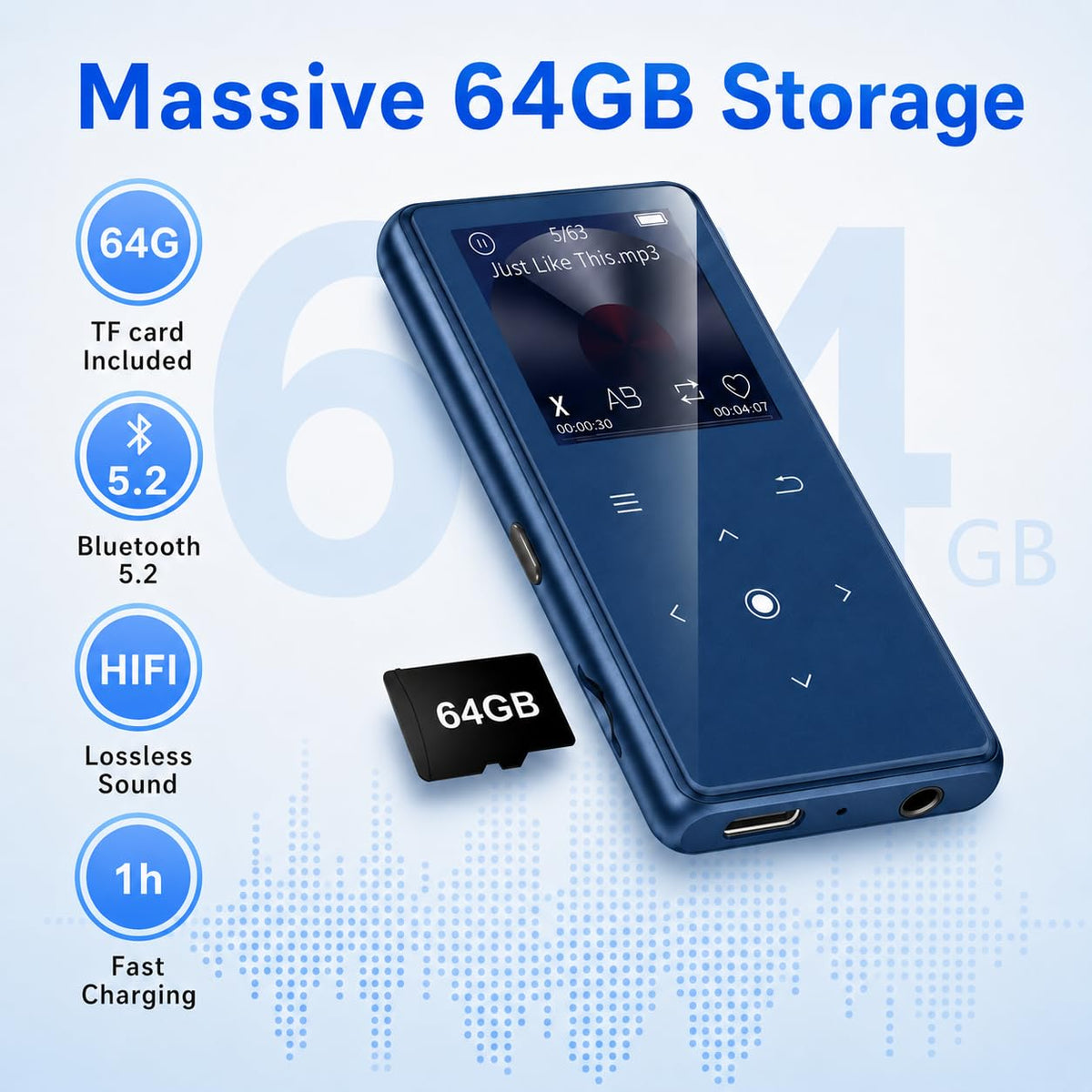 64GB MP3 Player with Bluetooth 5.2, AiMoonsa Music Player with Built-in HD Speaker, FM Radio, Voice Recorder, HiFi Sound, E-Book Function, Earphones Included
