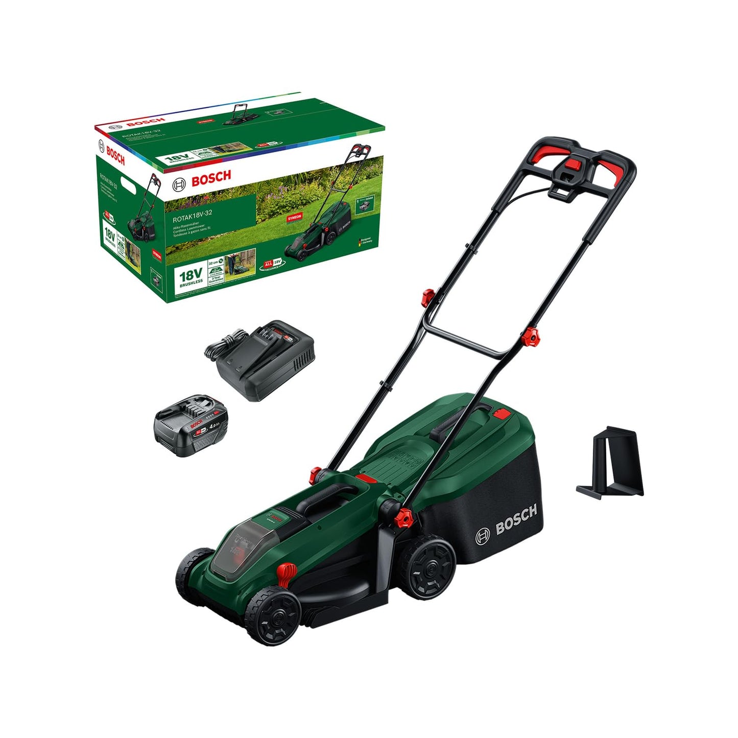 Bosch Cordless Lawn Mower ROTAK18V-32 (Cutting Width: 32 cm, Height of Cut: 25-65 mm, 35 l Fabric Grass Bag, Mulch plug, without Battery)