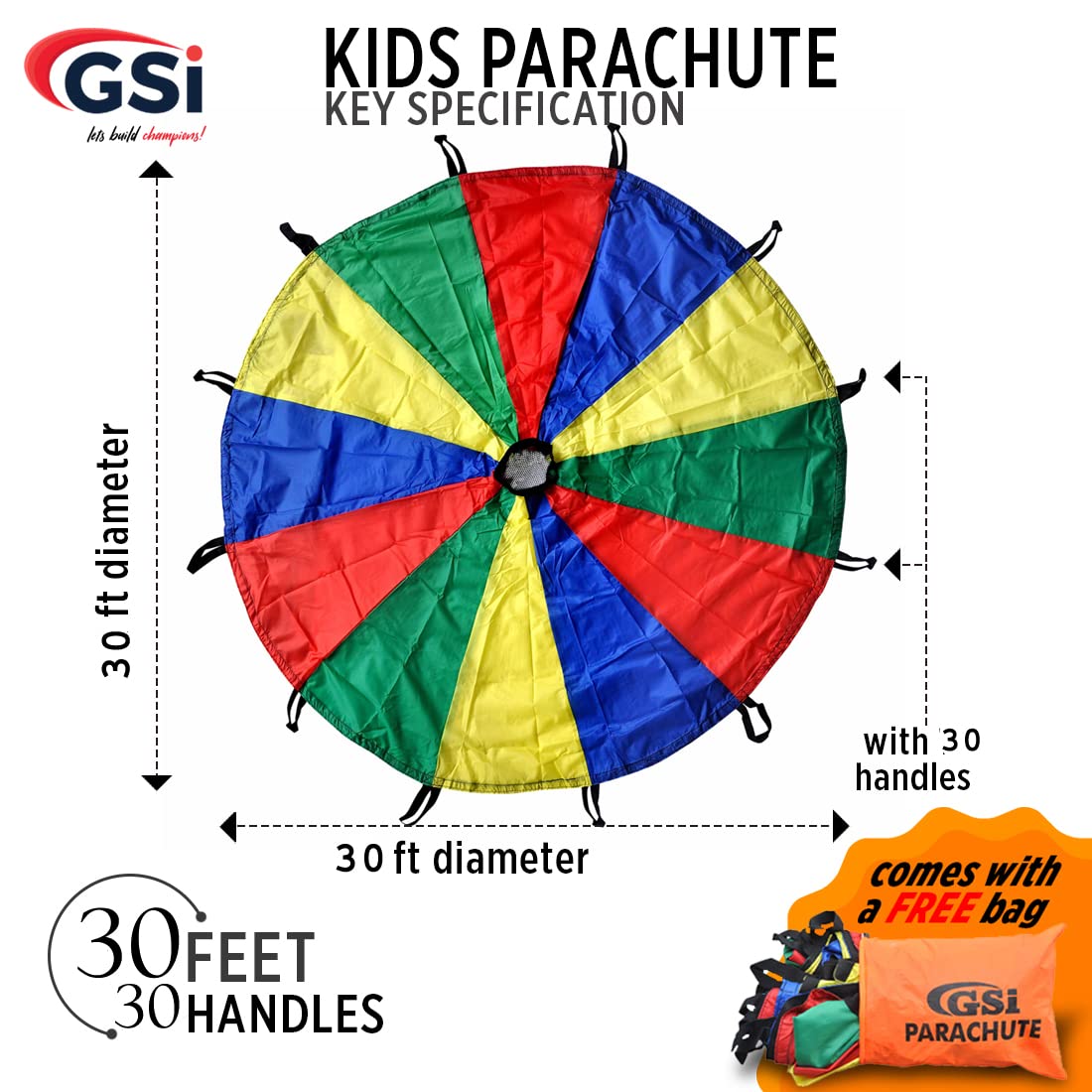 GSi Kids Play Parachute Rainbow Parachute Toy Tent Game for Kids Gymnastics Cooperative Play and Outdoor Playground Activities (6 Feet)
