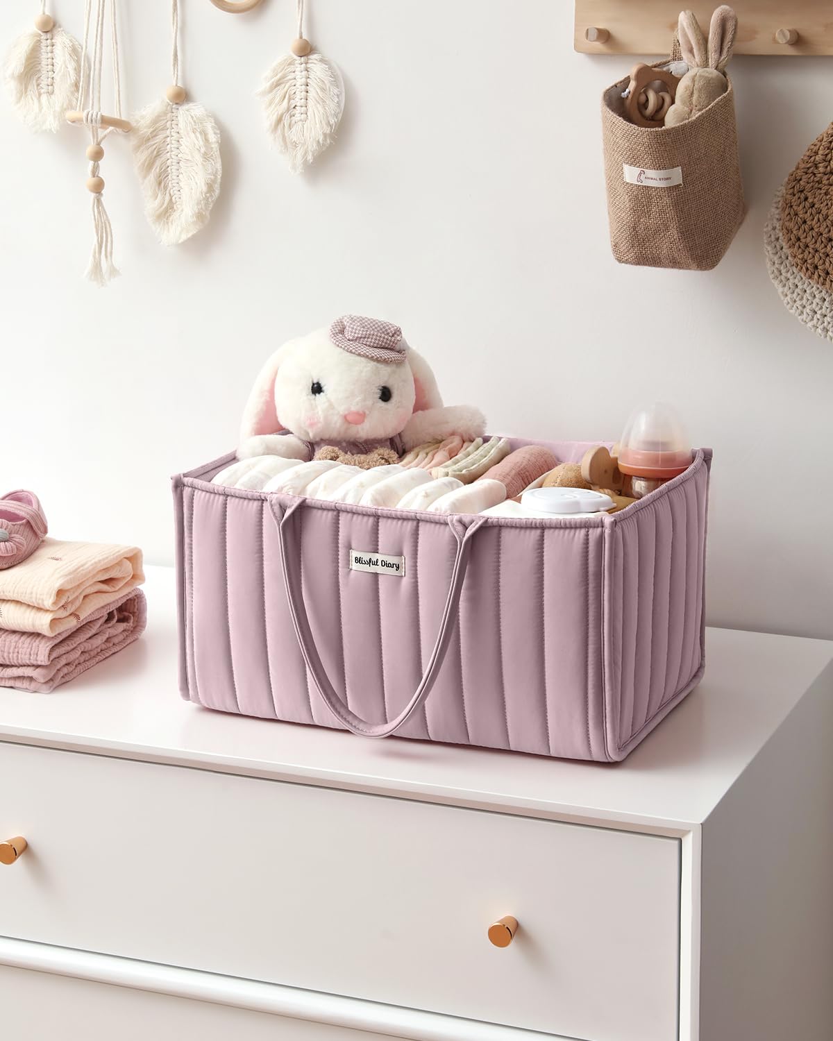 Blissful Diary Nappy Caddy Organiser, Baby Diaper Caddy for Nappy Station, Stylish Storage Basket for Newborn Essentials, Baby Shower Gifts for Girl or Boy, Woodland Cream