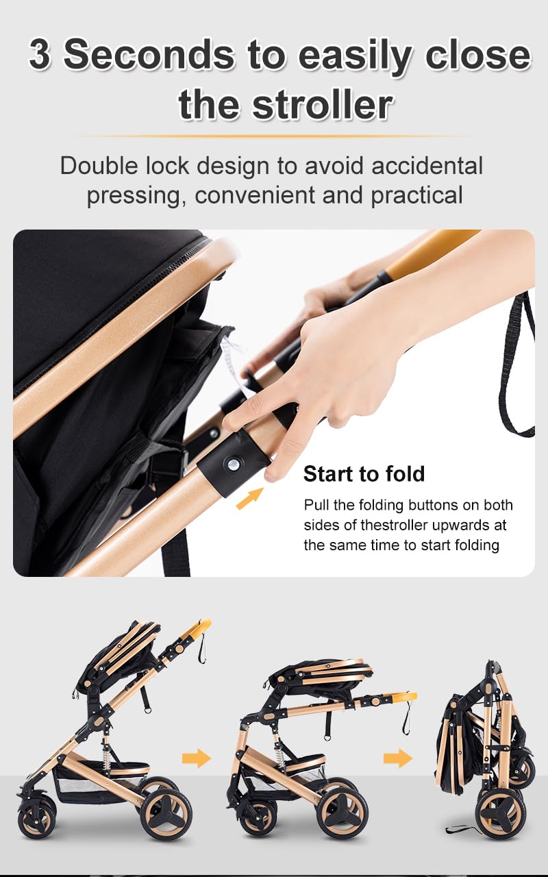 YAZOCO 3 in 1 Prams Travel System, Foldable Lightweight Baby Stroller, Adjustable Handle, Aluminum Frame for Newborn 0-4 Years Changing Bag (530 Black)