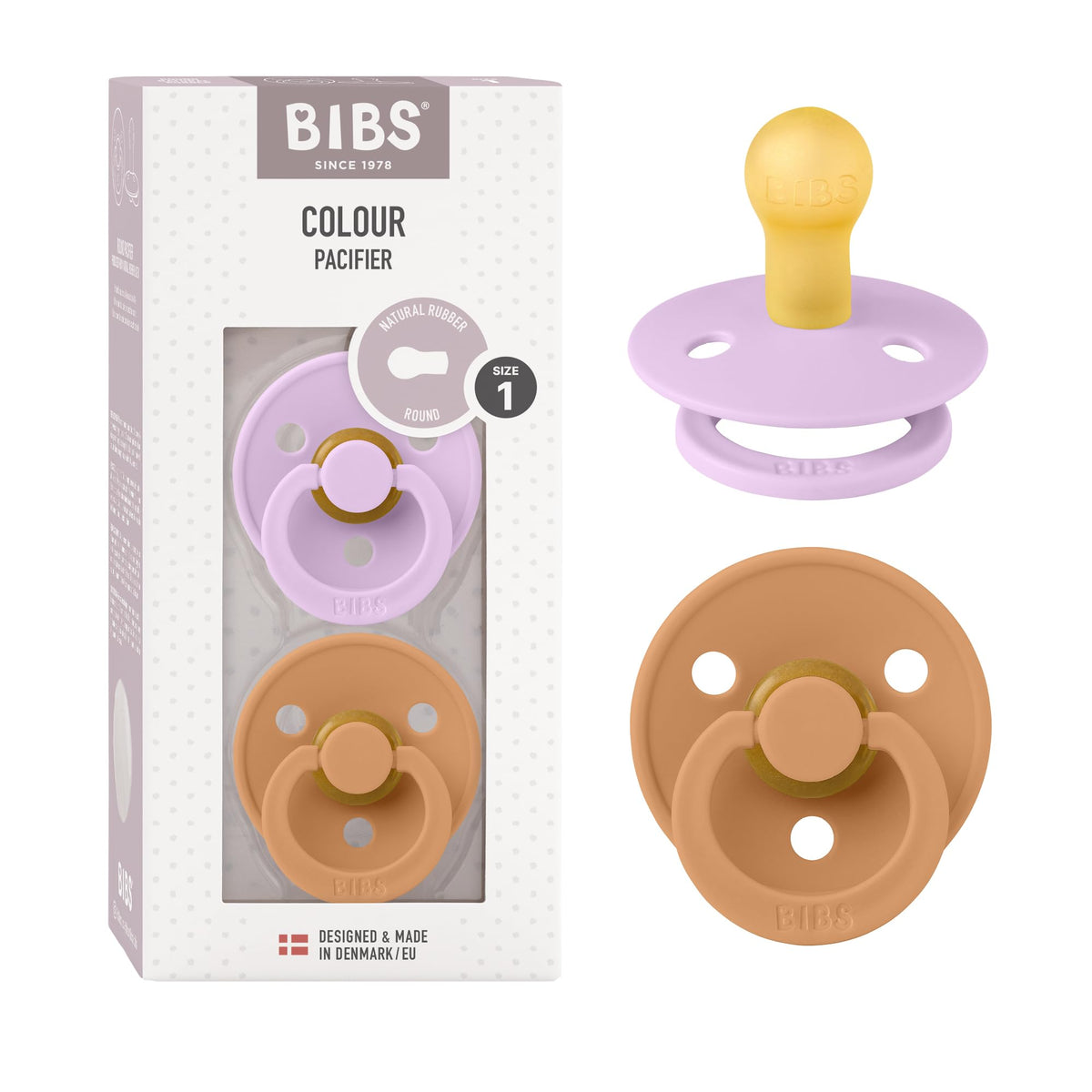BIBS Colour Soother 2-Pack, BPA Free Dummy Pacifier, Round Nipple. Natural Rubber Latex, Made in Denmark, Size 2 (6-18 Months), Baby Blue