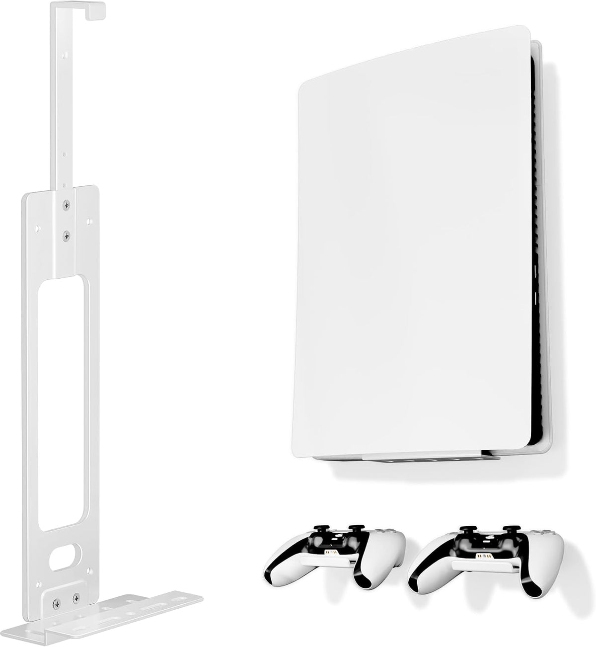 pickpiff PS5 Wall Mount Bracket, Compatible with All PlayStation 5 Models (Disc, Digital, Slim & Pro), Adjustable Console Holder with 2 Controller Holders, White