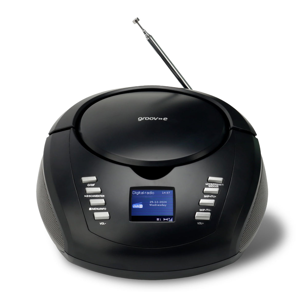 Groov-e Original Boombox - Portable CD Player with Bluetooth, Radio, 3.5mm Aux Port, & Headphone Socket - LED Display, 2 x 1.2W Speakers - Battery or Mains Powered - Black