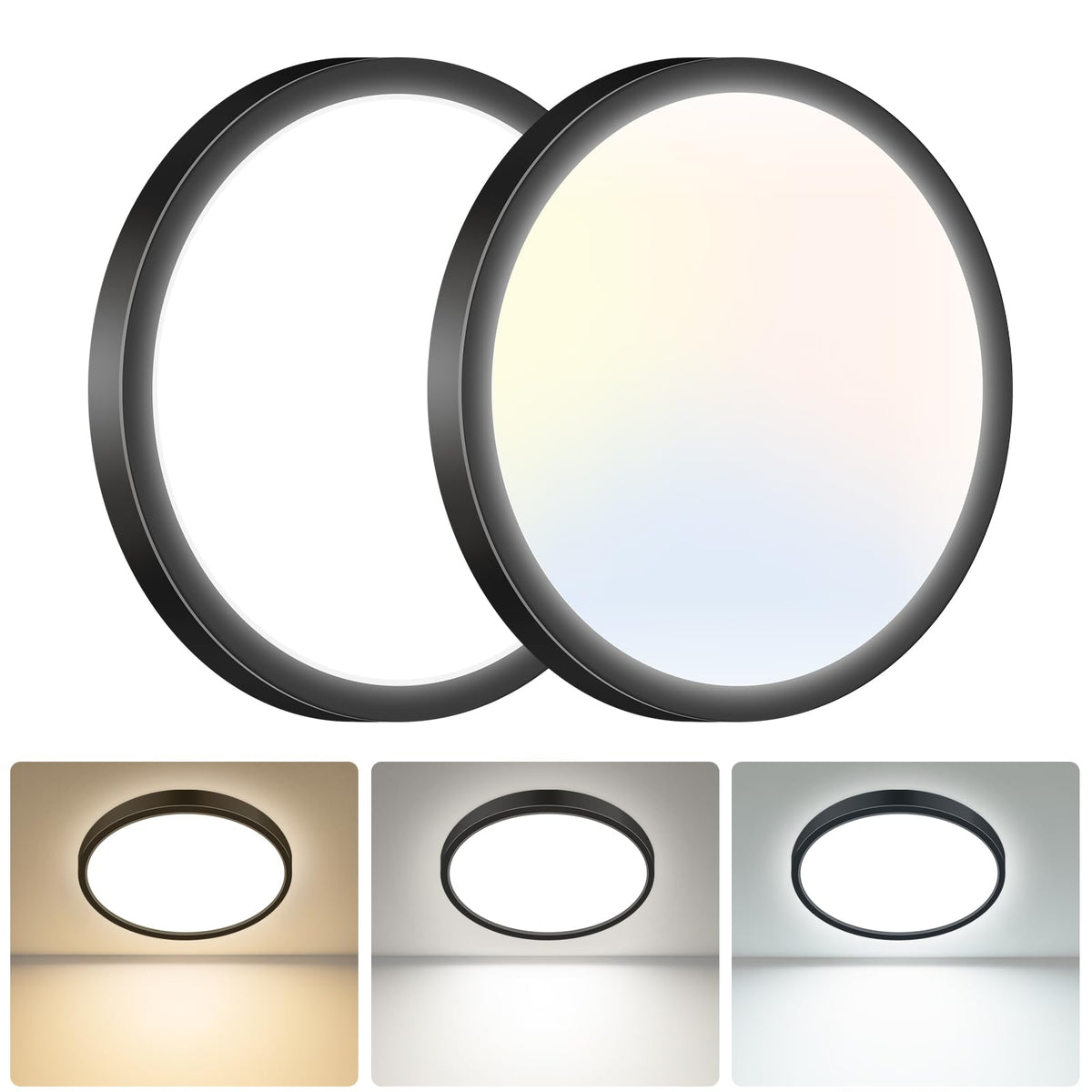 hepside Bathroom Light, 3000K/4000K/6500K 3 Color Temperature LED Ceiling Light, 15W 1500LM, Waterproof, Round, Small, Modern, Flush Ceiling Light for Bathroom, Kitchen, Bedroom, Black