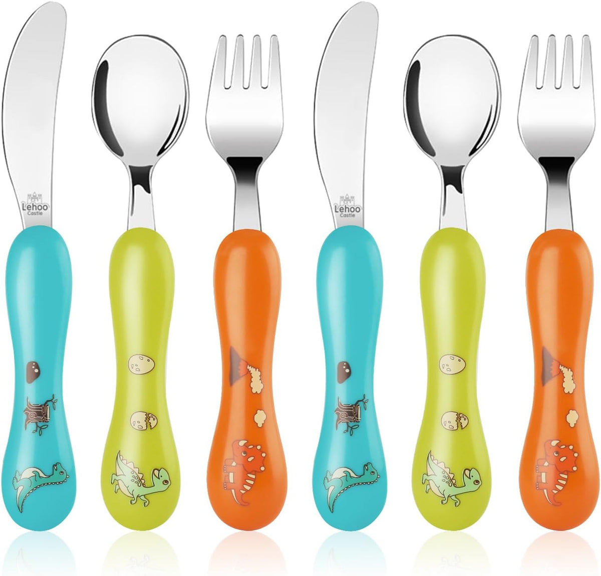 Lehoo Castle Stainless Steel Toddler Cutlery Set, 6-Piece Dinosaur Design