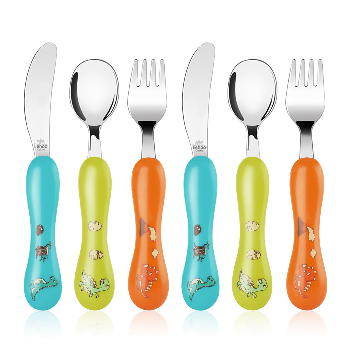 Lehoo Castle Stainless Steel Toddler Cutlery Set, 6-Piece Dinosaur Design