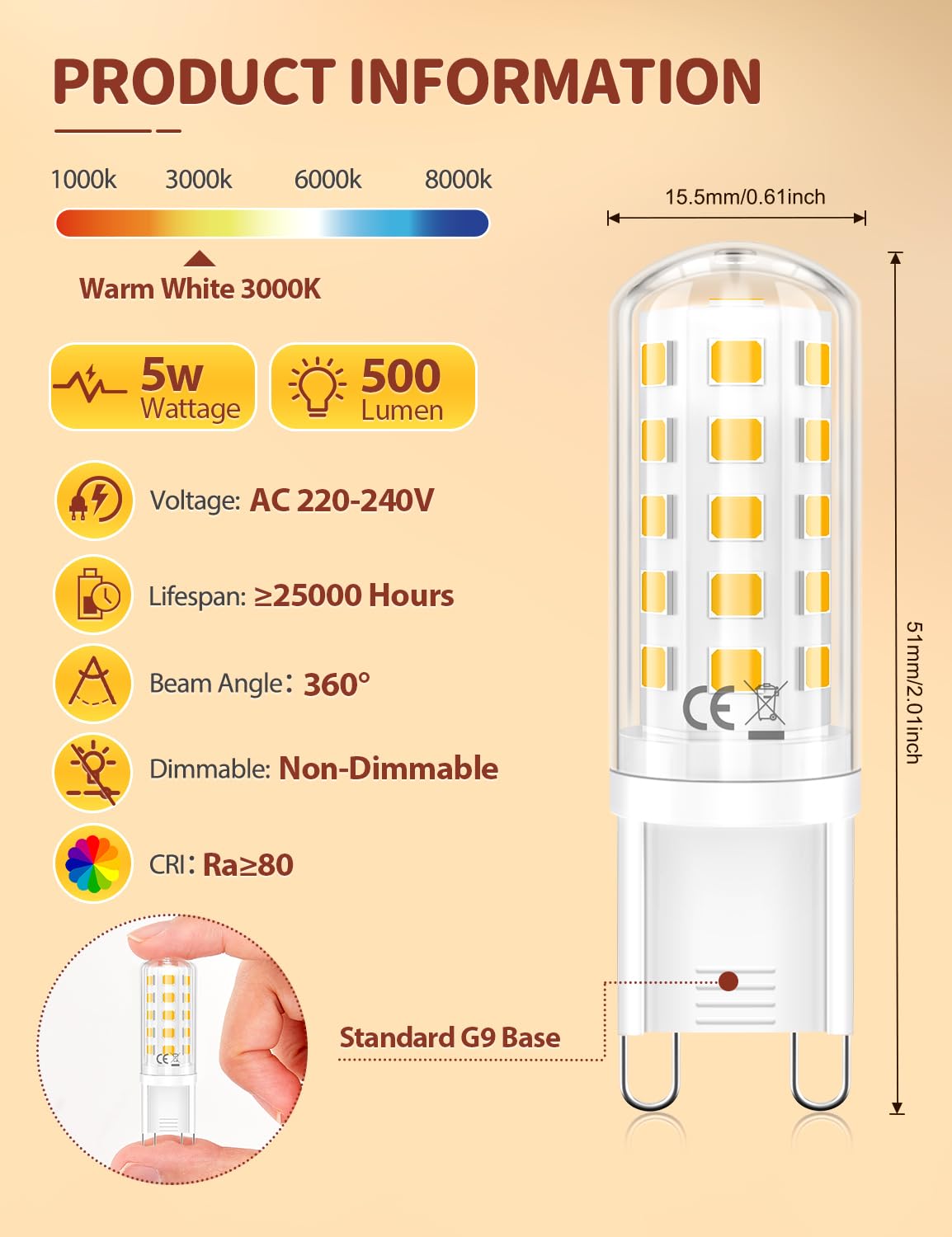 G9 LED Bulbs Cool White, 5W(45W Equivalent) 6000K, 500LM, Pack of 5