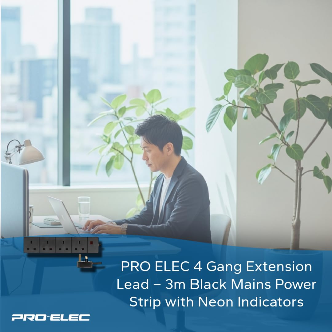Pro Elec 3 m 4 Socket Neon On Light Extension Lead - White