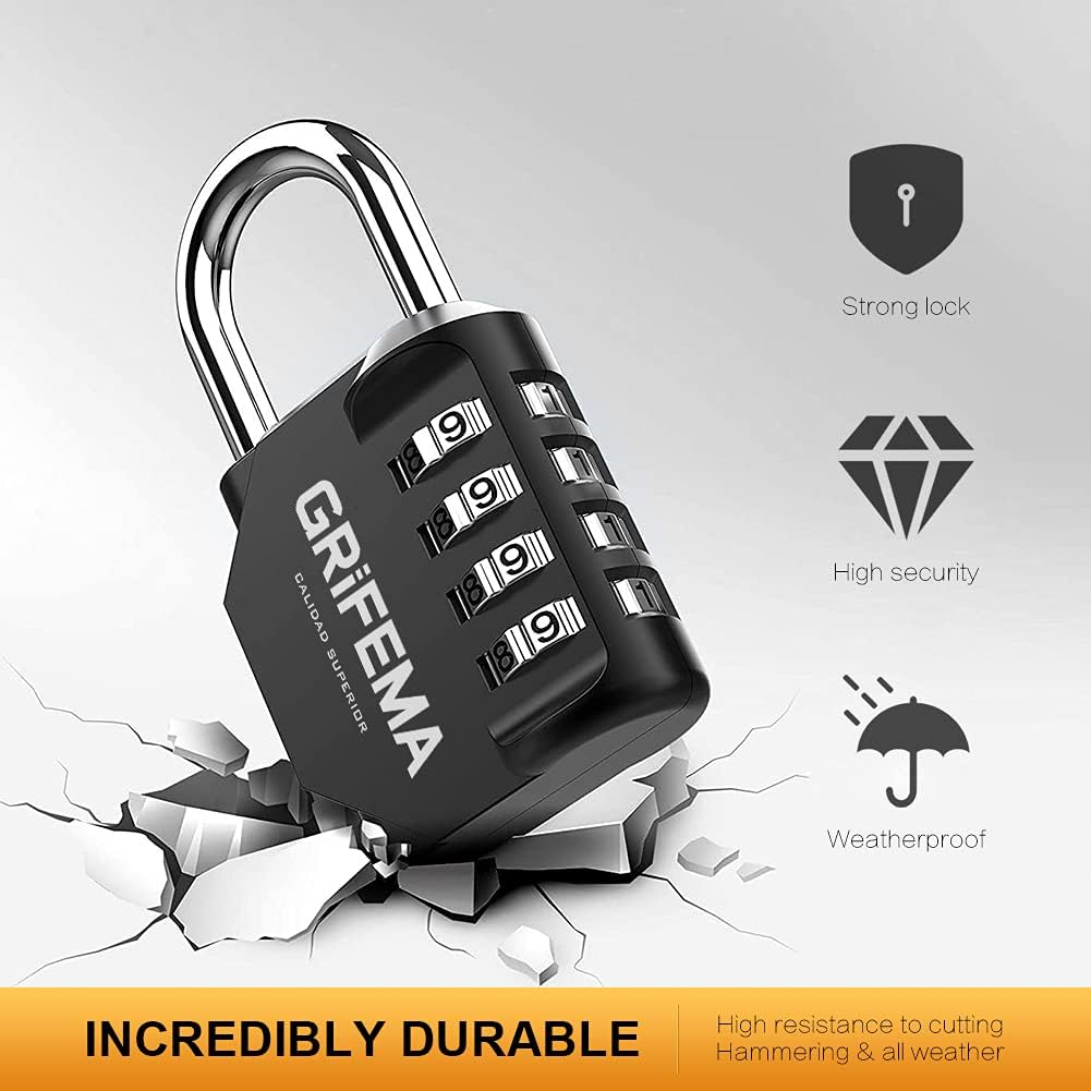 GRIFEMA Combination Padlocks with 4 Digit Code, Locker Padlock Outdoor Heavy Duty Weatherproof for School Gym Locker cabinet, Garage, Gate, Shed GA1001-1 (1 PACK), Black