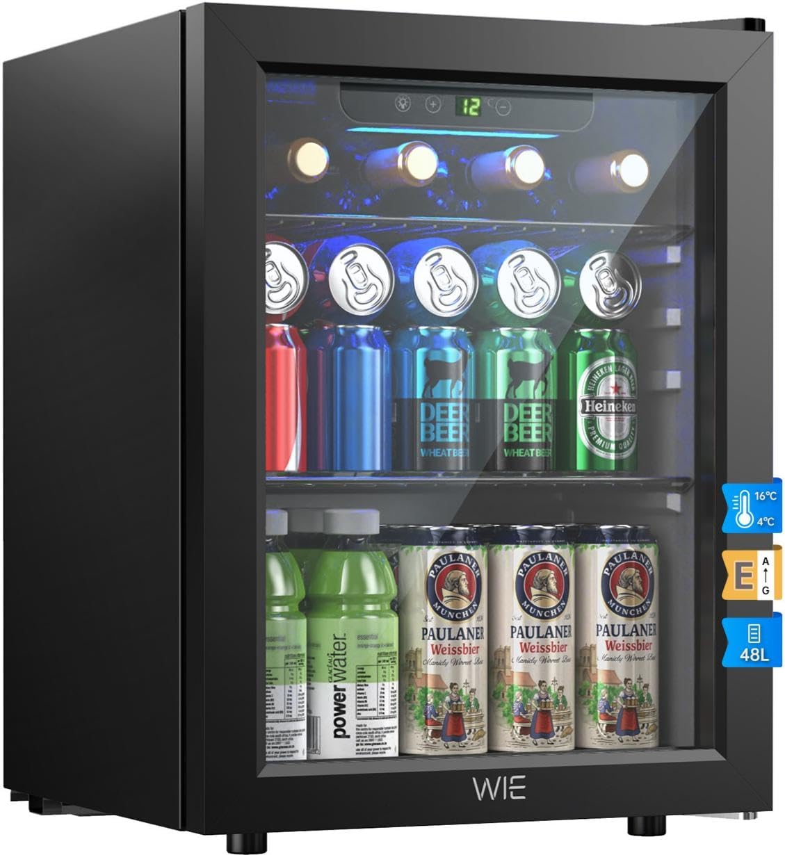 WIE 48L Drinks Fridge with Glass Door, Beer Fridge for 68 Cans or 12 Wine Bottles, Mini Fridge 4-16°C Touch Control, Quiet Beverage Refrigerators with LED Light, Reversible Door for Home, Bar, Office