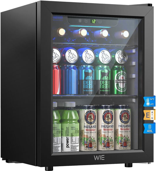 WIE 48L Drinks Fridge with Glass Door, Beer Fridge for 68 Cans or 12 Wine Bottles, Mini Fridge 4-16°C Touch Control, Quiet Beverage Refrigerators with LED Light, Reversible Door for Home, Bar, Office