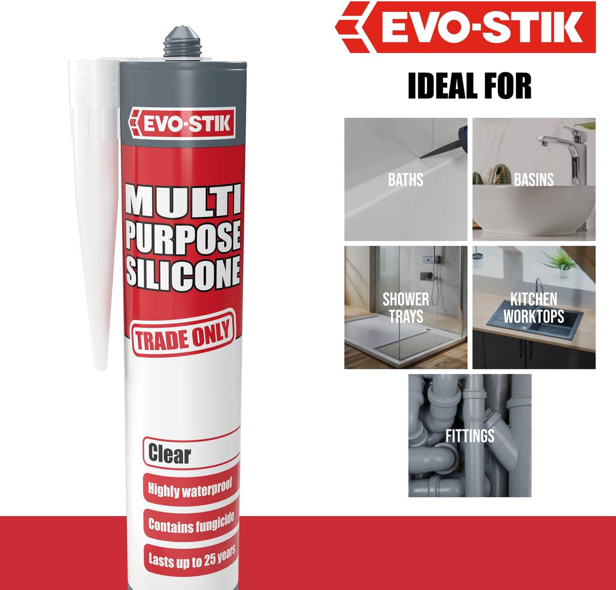 EVO-STIK Multipurpose Silicone Sealant Clear - Waterproof - Mould Resistant