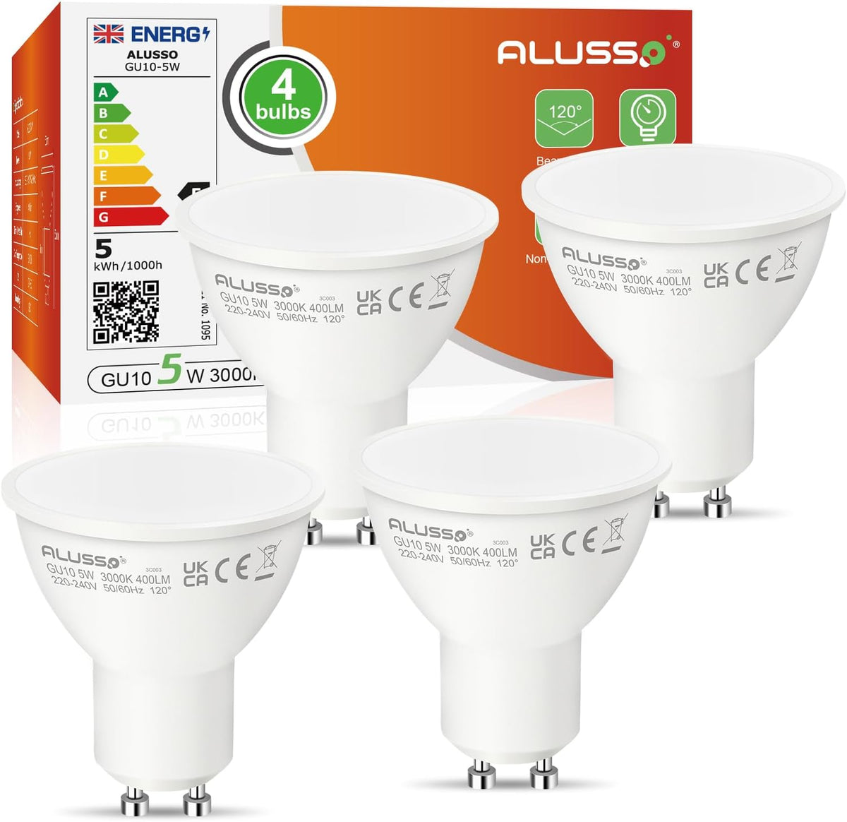 ALUSSO 5W GU10 LED Bulbs Warm White 3000K, 400LM Brightness Pack of 4