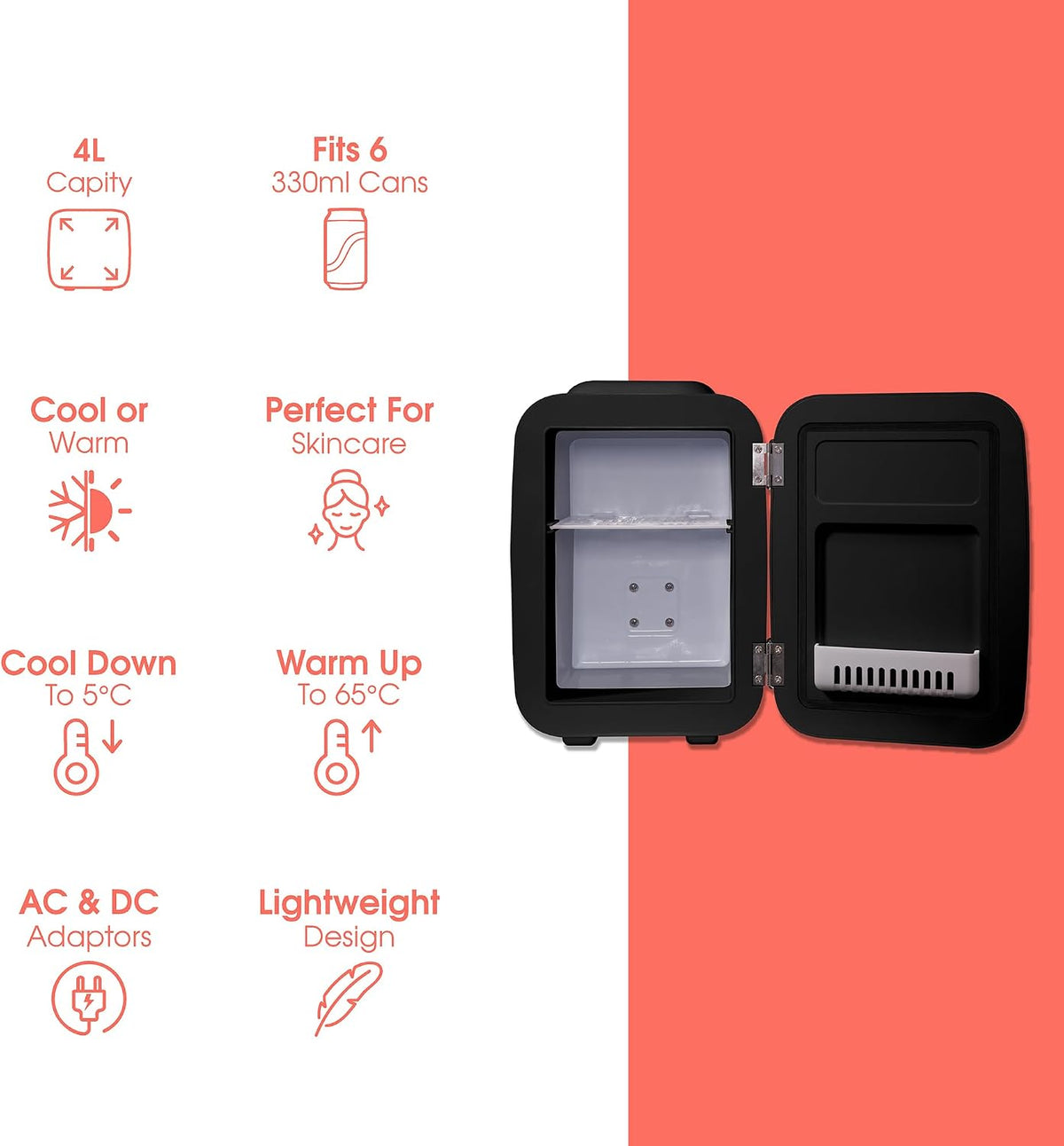 Abode Black Mini Fridge A4CLR201B 4L/6 Can Portable Thermoelectric Mini Cooler & Warmer for Drinks, Cosmetics/Makeup/Skincare, AC/DC Power, Retro Style, For Bedroom, Home, Caravan, Car
