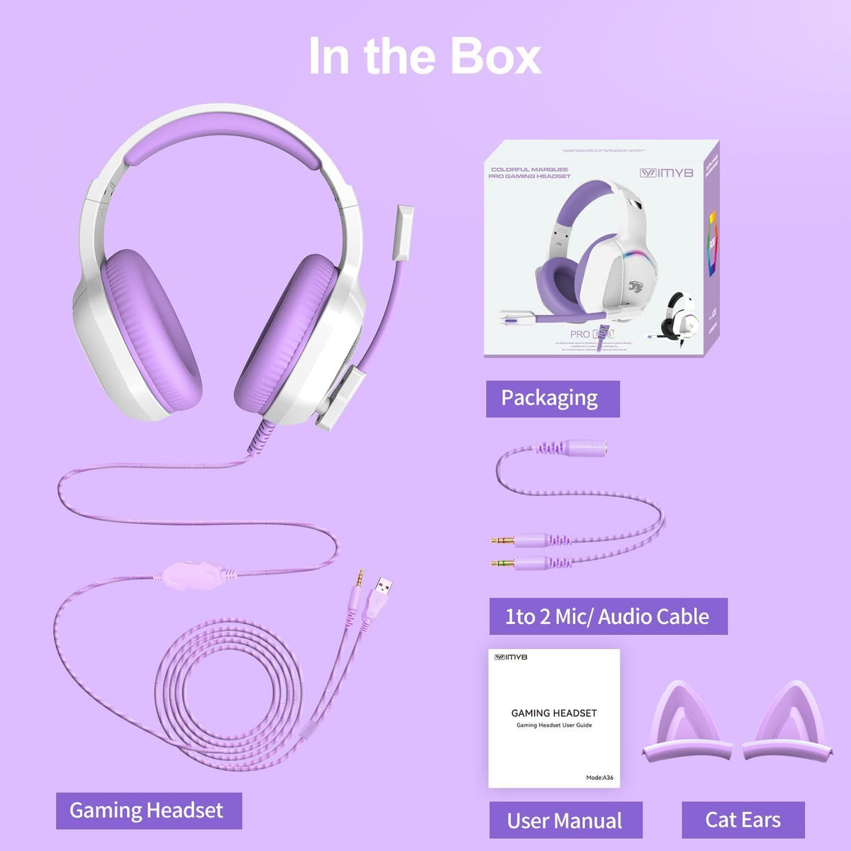 IMYB Gaming Headset with Microphone for Pc, Xbox One Series X/s, Ps4, Ps5, Stereo Wired Noise Cancelling Over-Ear Headphones with Mic, RGB, for Computer, Laptop, Mac, Gamer (White)